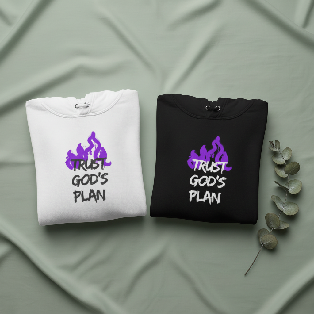 Pair of folded hoodies: white and black, each with drawstring hood and “TRUST GOD’S PLAN” print.