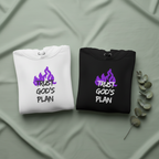 Pair of folded hoodies: white and black, each with drawstring hood and “TRUST GOD’S PLAN” print.