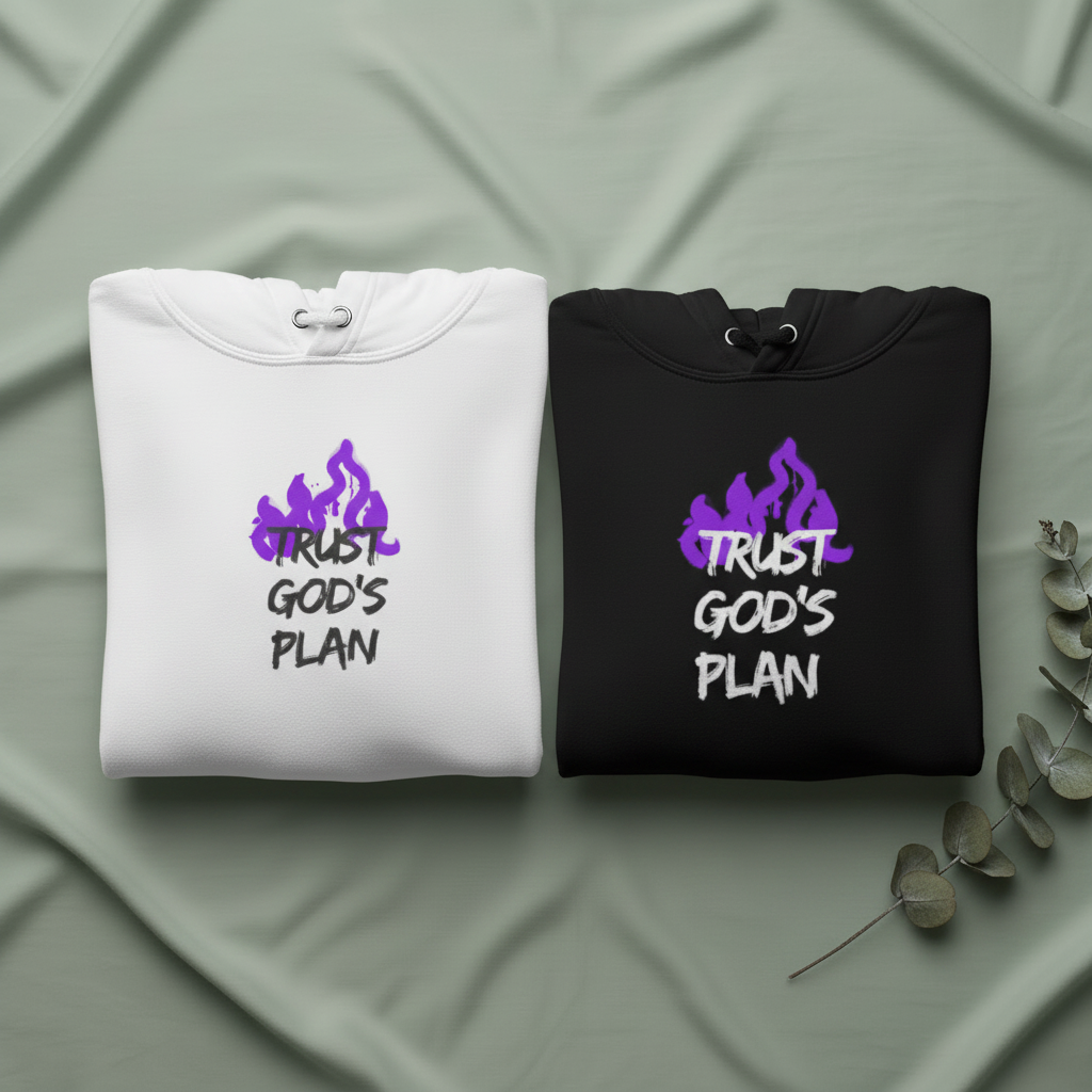 Two folded hoodies, white and black, each with purple “TRUST GOD’S PLAN” front design.
