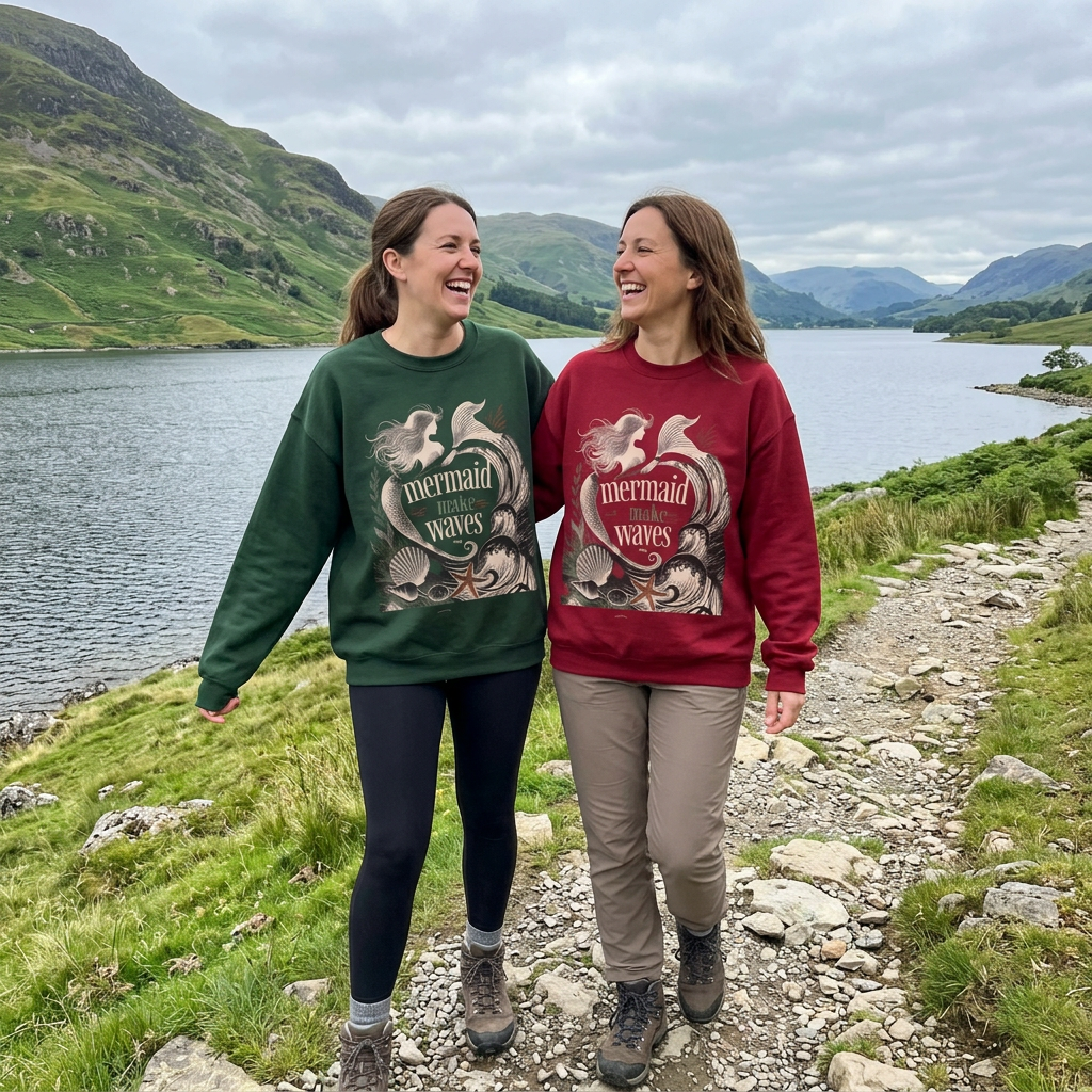 Unisex sweatshirts worn by two people: green and red mermaid “make waves” fronts