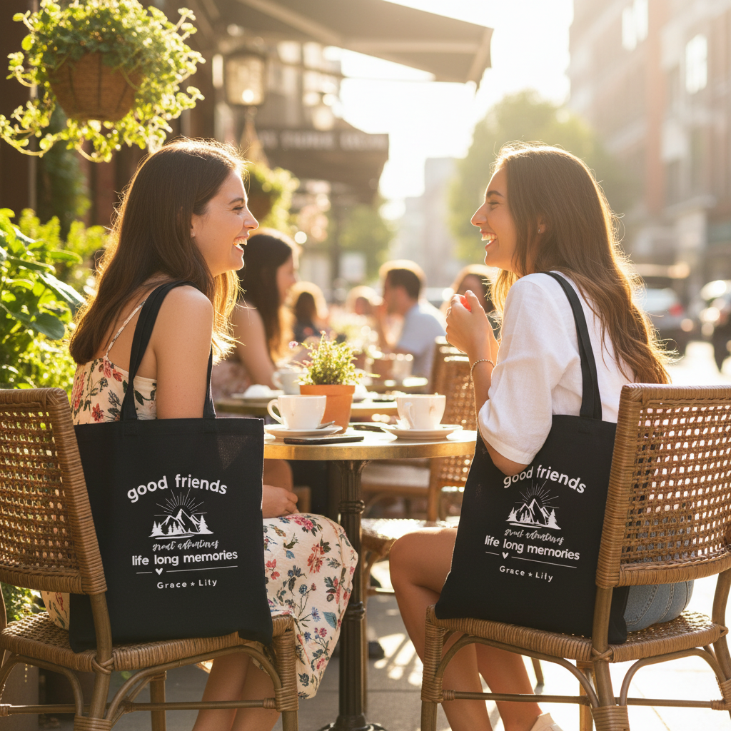 Two friends at café with black totes