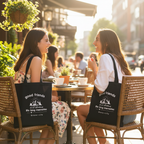 Two friends at café with black totes