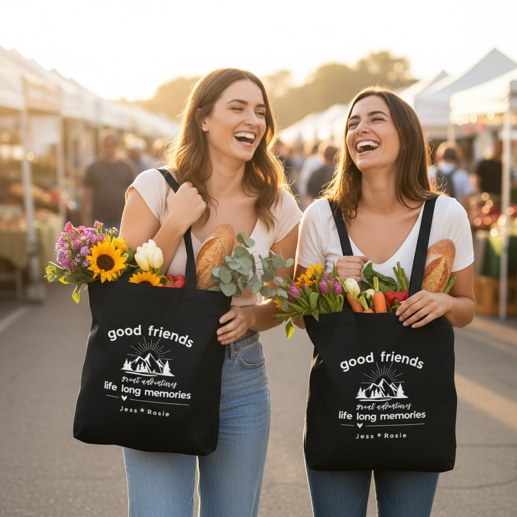 Two friends at farmers market with totes