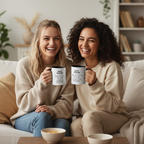 Two friends on sofa each holding mug