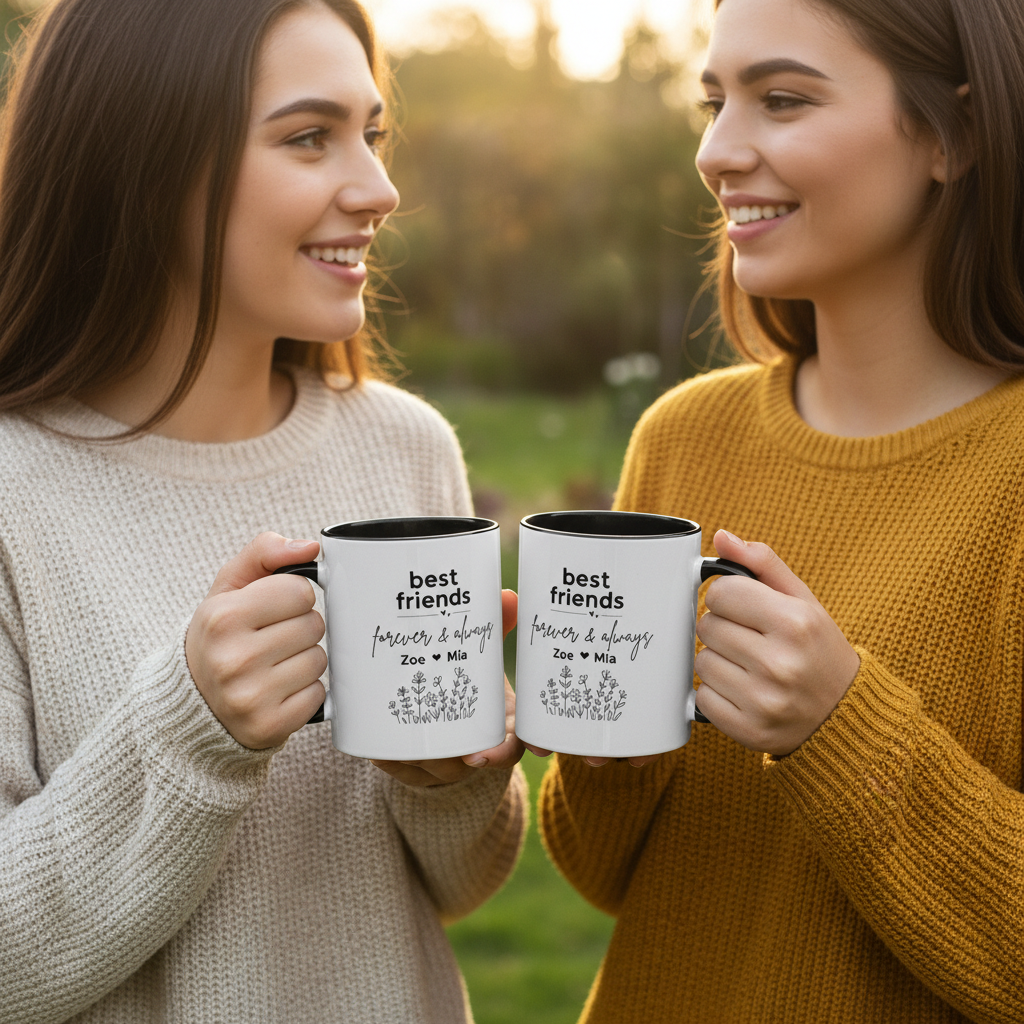 Two friends standing each holding mug
