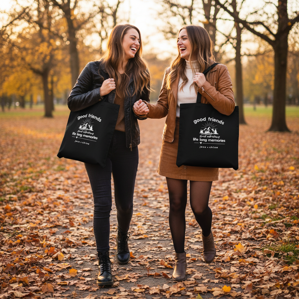 Two friends walking with tote bags