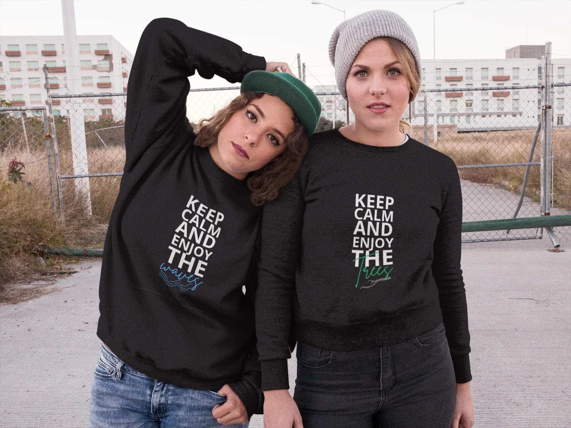 Black sweatshirt with front graphic: KEEP CALM AND ENJOY THE waves