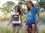 Blue short-sleeve T-shirt with mountain sunrise “RISE ABOVE” graphic on model