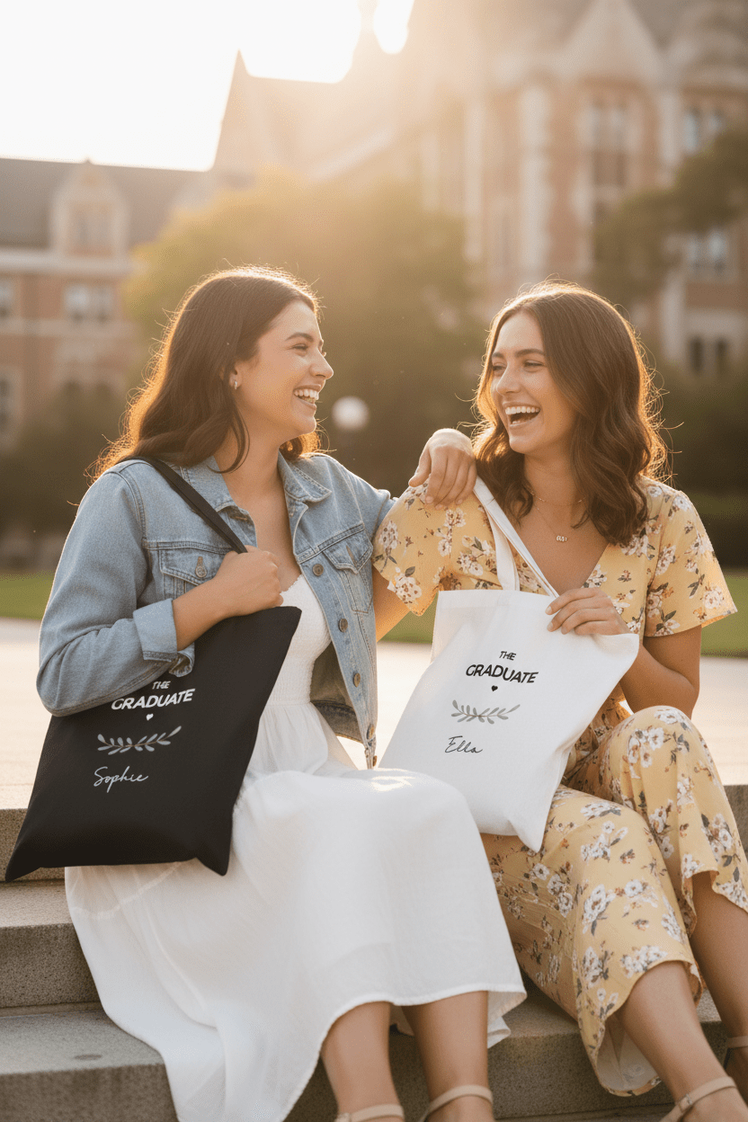 Two people holding graduation tote bags: black for Sophie and white for Ella