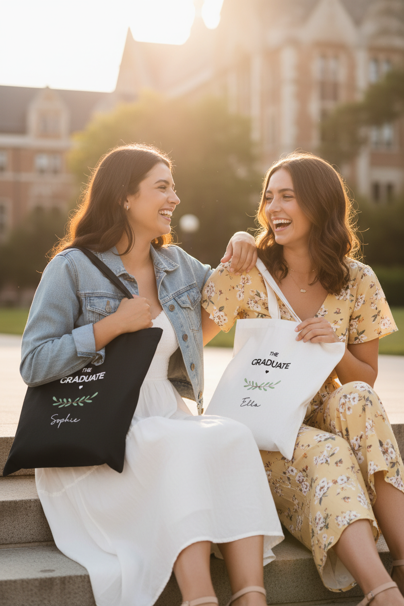 Two people holding graduation tote bags: black for Sophie and white for Ella