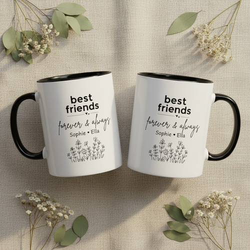Set of two white mugs with black handles and rims, 'best friends' custom names