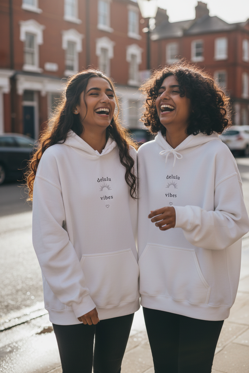Two white hoodies with drawstring hoods, small chest slogan graphic