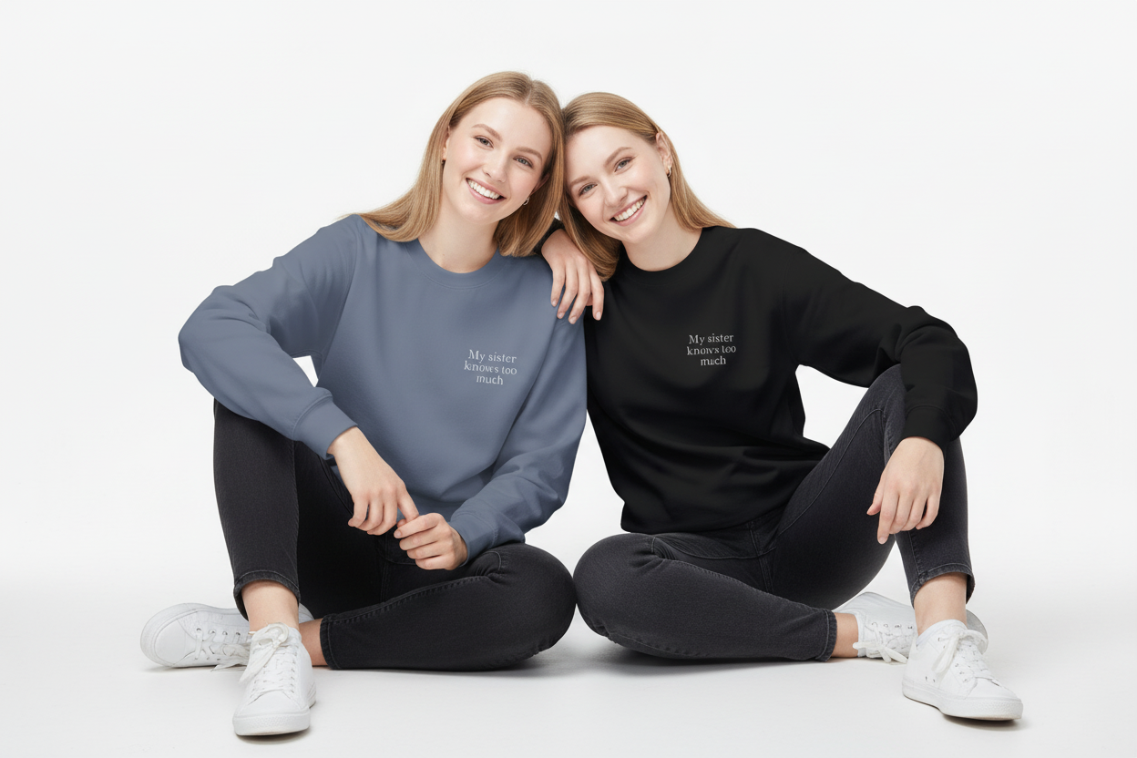 Two sisters sitting wearing sweatshirts