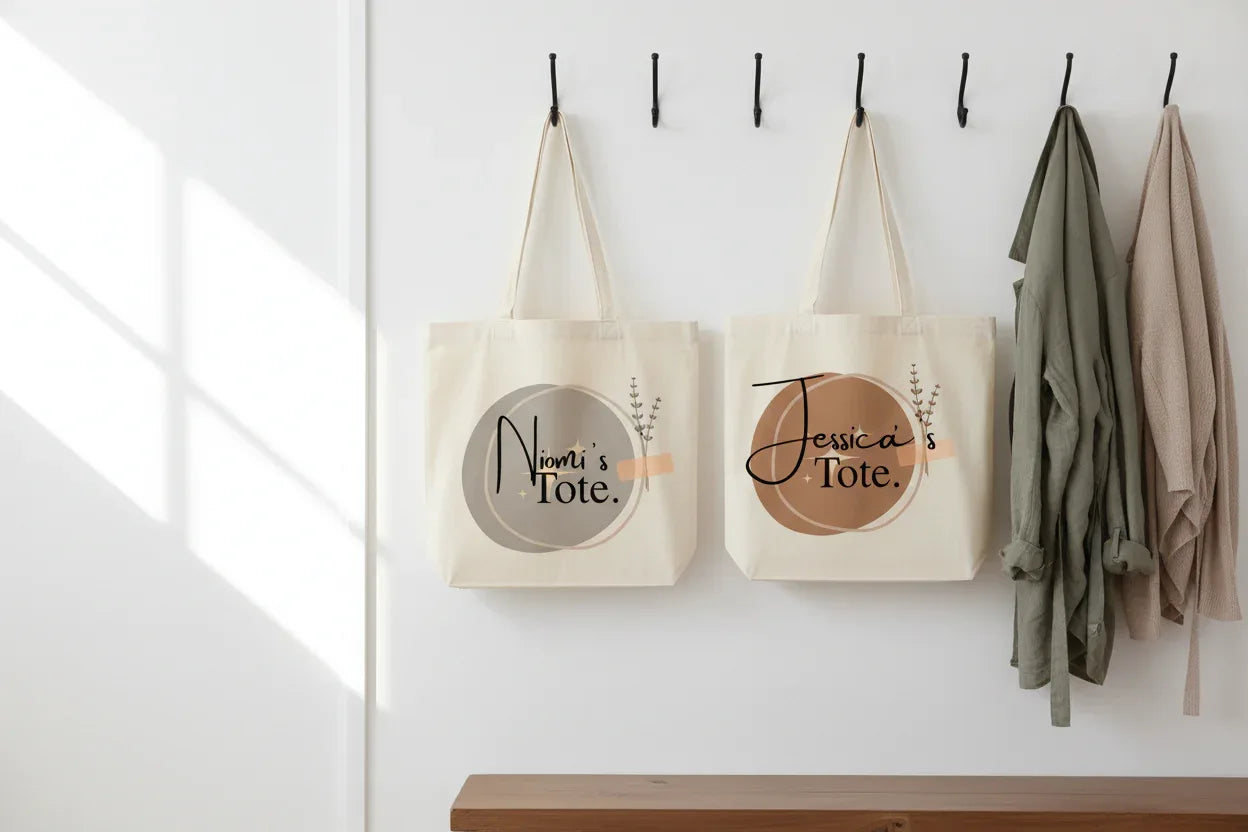 Two cream cotton tote bags hanging on hooks with circular 'Tote.' logo prints