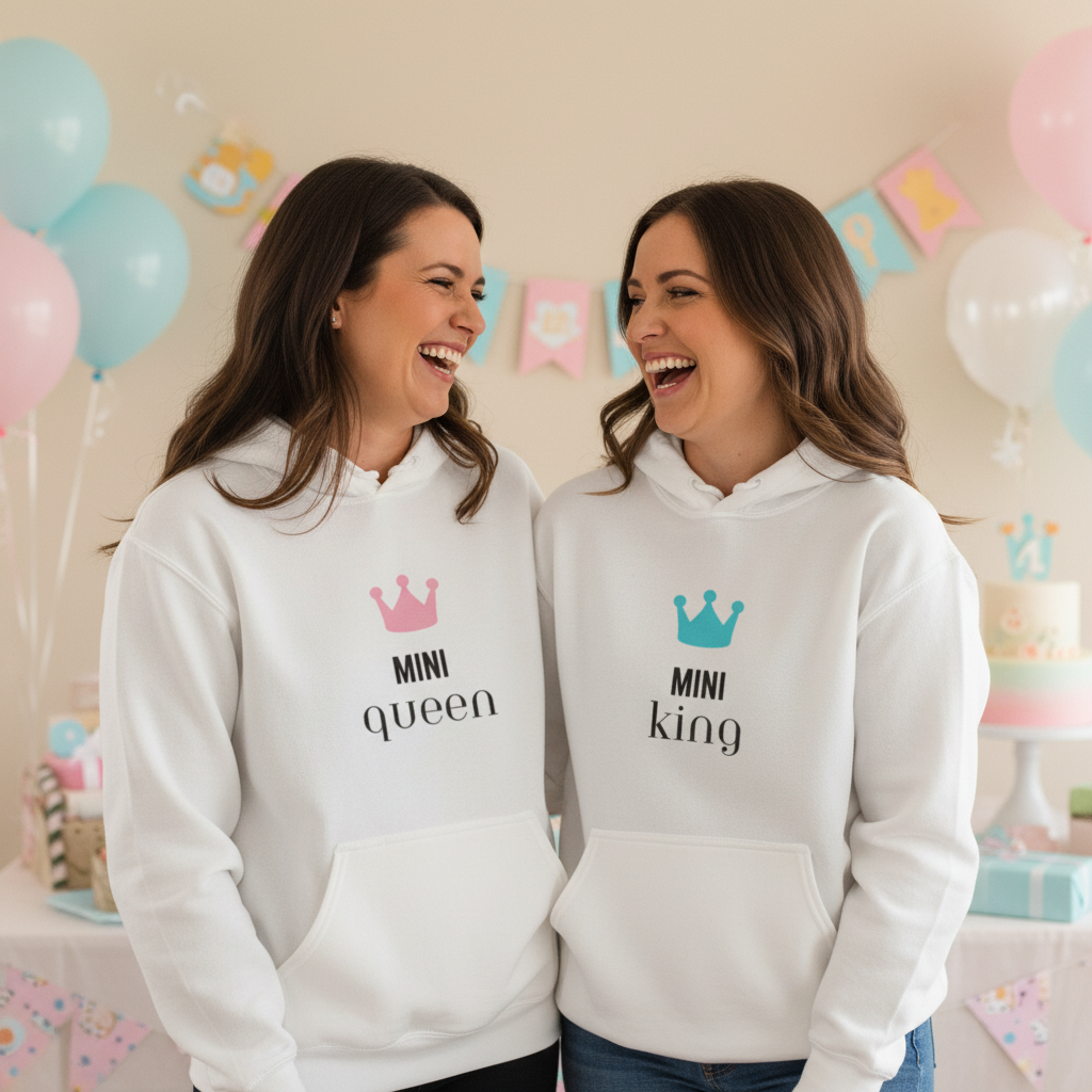 Two white hooded sweatshirts side by side: “MINI QUEEN” and “MINI KING” prints