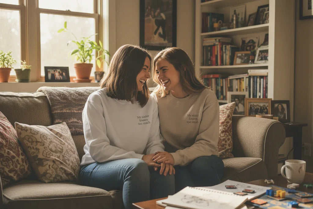 Light crewneck sweatshirts with small chest text, worn by two people