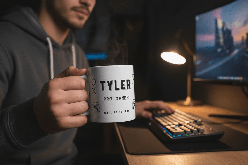 White personalised gamer mug with 'TYLER' text, 'PRO GAMER' and 'Est.' date