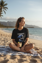 Black crew-neck T-shirt with tropical chair graphic and text print