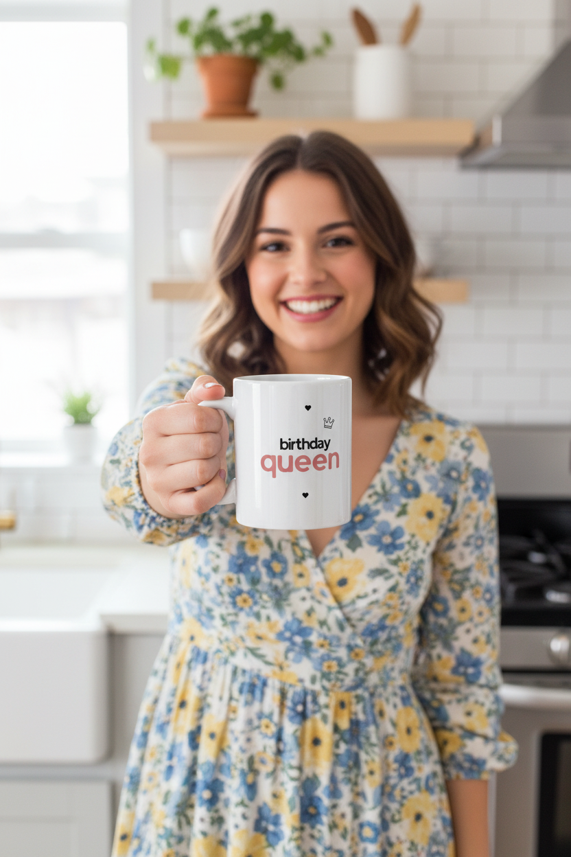 11oz ceramic coffee mug with pink “birthday queen” logo