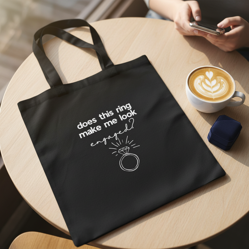Black cotton tote bag with ring icon and 'does this ring make me look engaged?'.