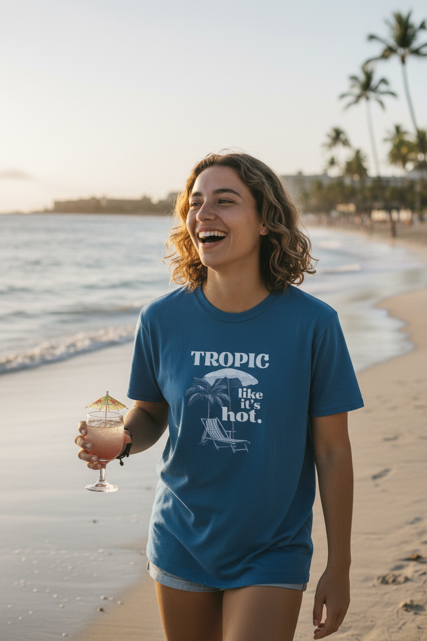 Blue T-shirt with front tropical graphic and text "TROPIC like it's hot."