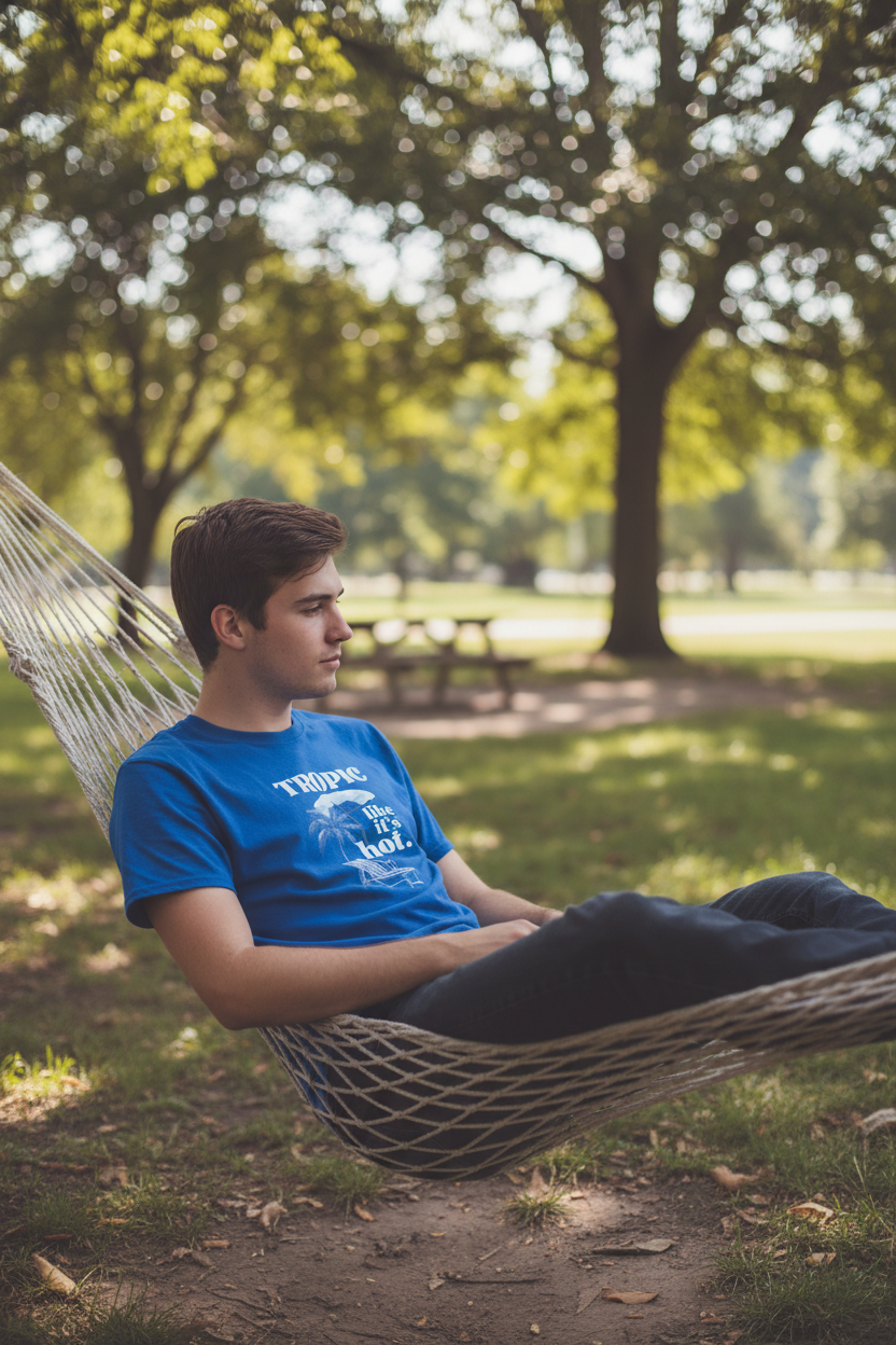 Blue crew-neck T-shirt with tropical chair graphic, worn outdoors