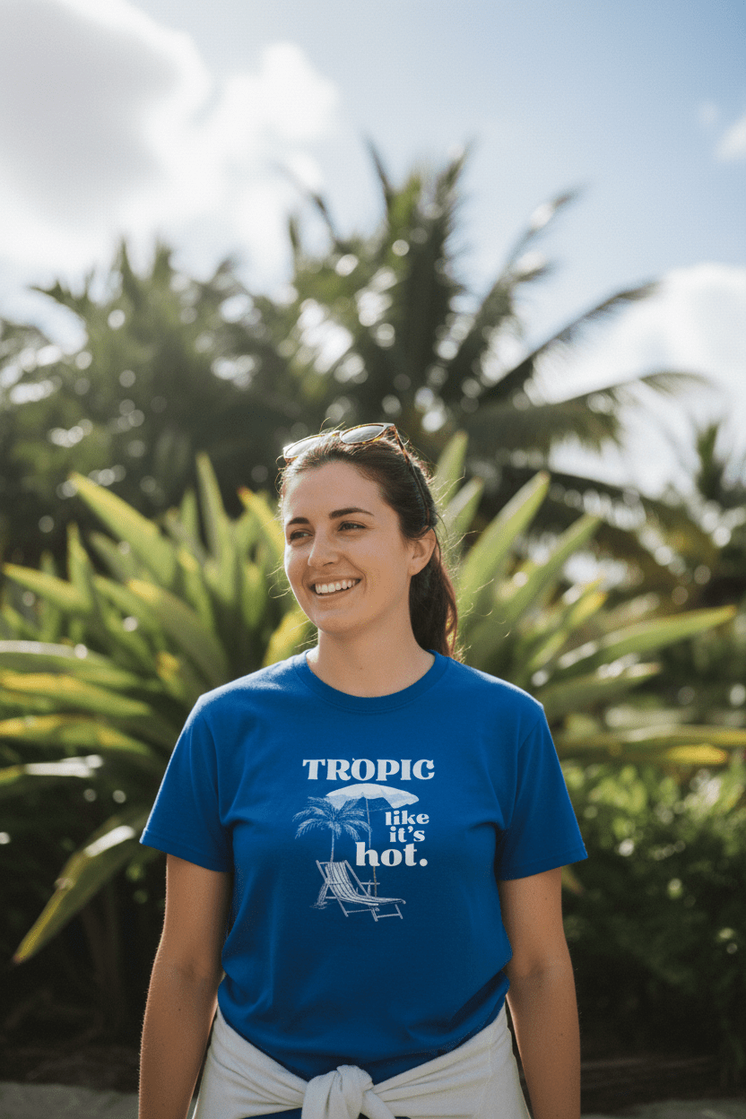 Royal blue crew-neck T-shirt with 'Tropic like it's hot' palm chair graphic