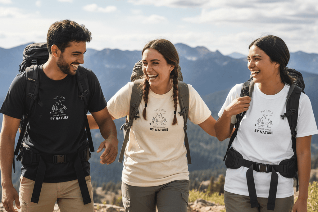 Crewneck nature graphic T-shirts: black, white, and light grey