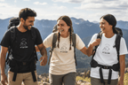 Crewneck nature graphic T-shirts: black, white, and light grey