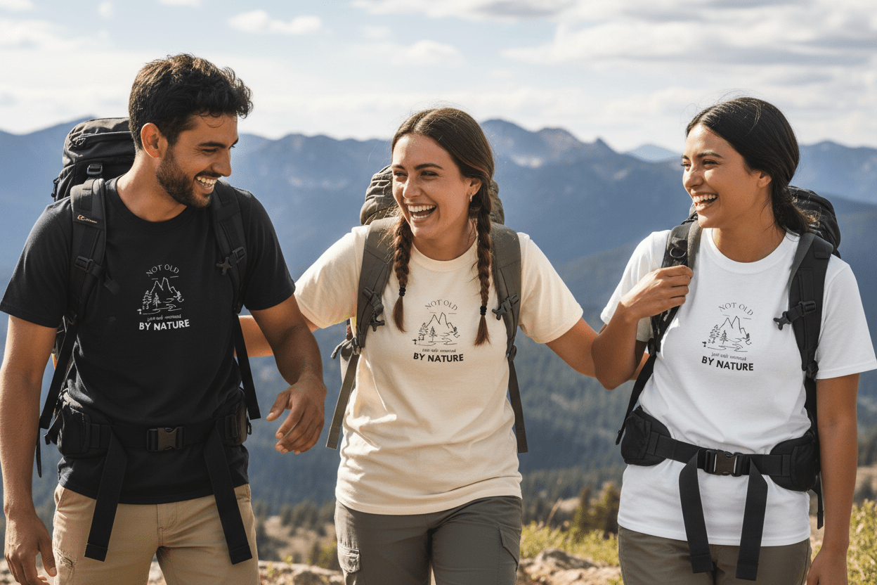 Crewneck nature graphic T-shirts: black, white, and light grey