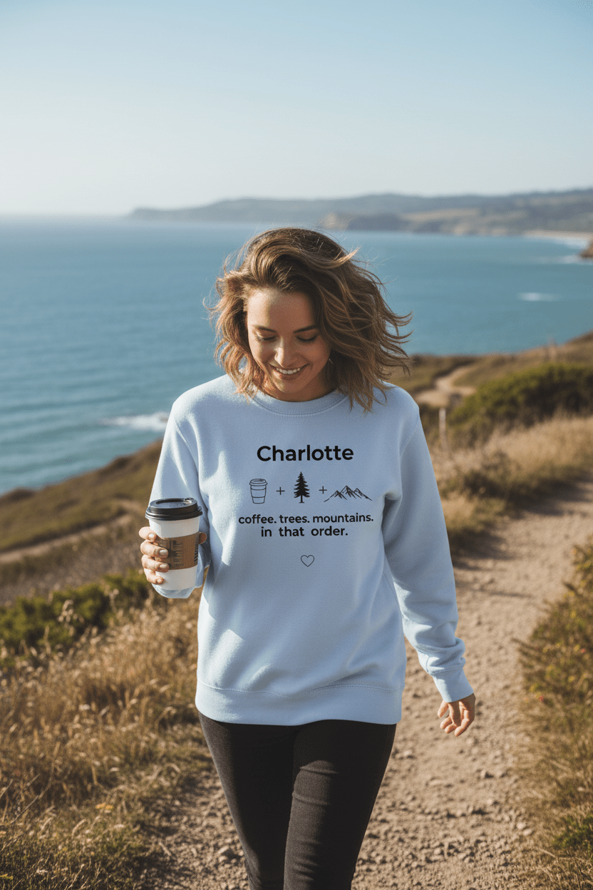 Light blue personalized crewneck sweatshirt with name Charlotte and coffee graphic