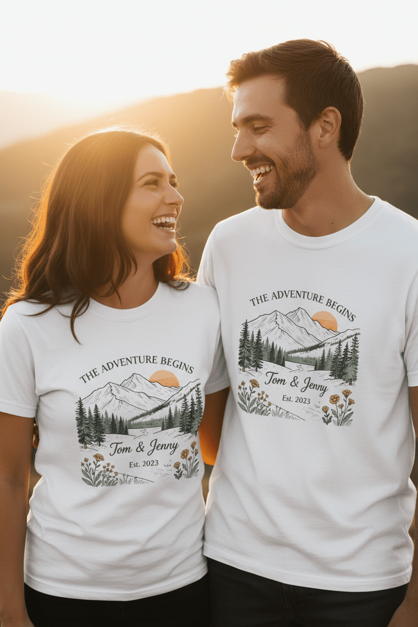 Two white couples T-shirts worn by a pair, each with mountain landscape floral print