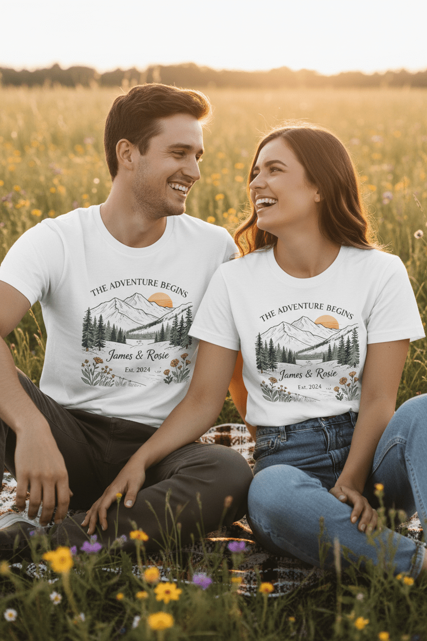 Matching white couples T-shirts worn outdoors, featuring mountain landscape and floral print