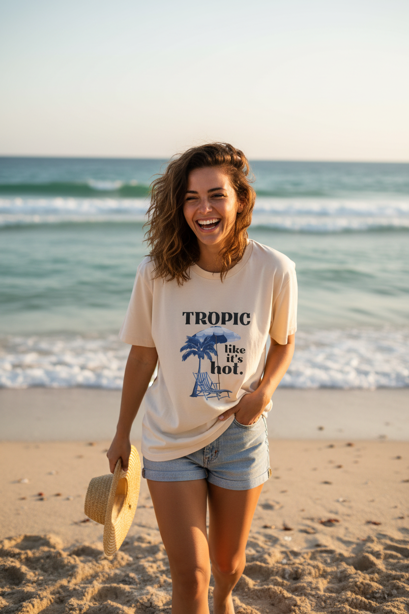 White T-shirt with “Tropic like it’s hot.” tropical print, palm tree, and beach chair