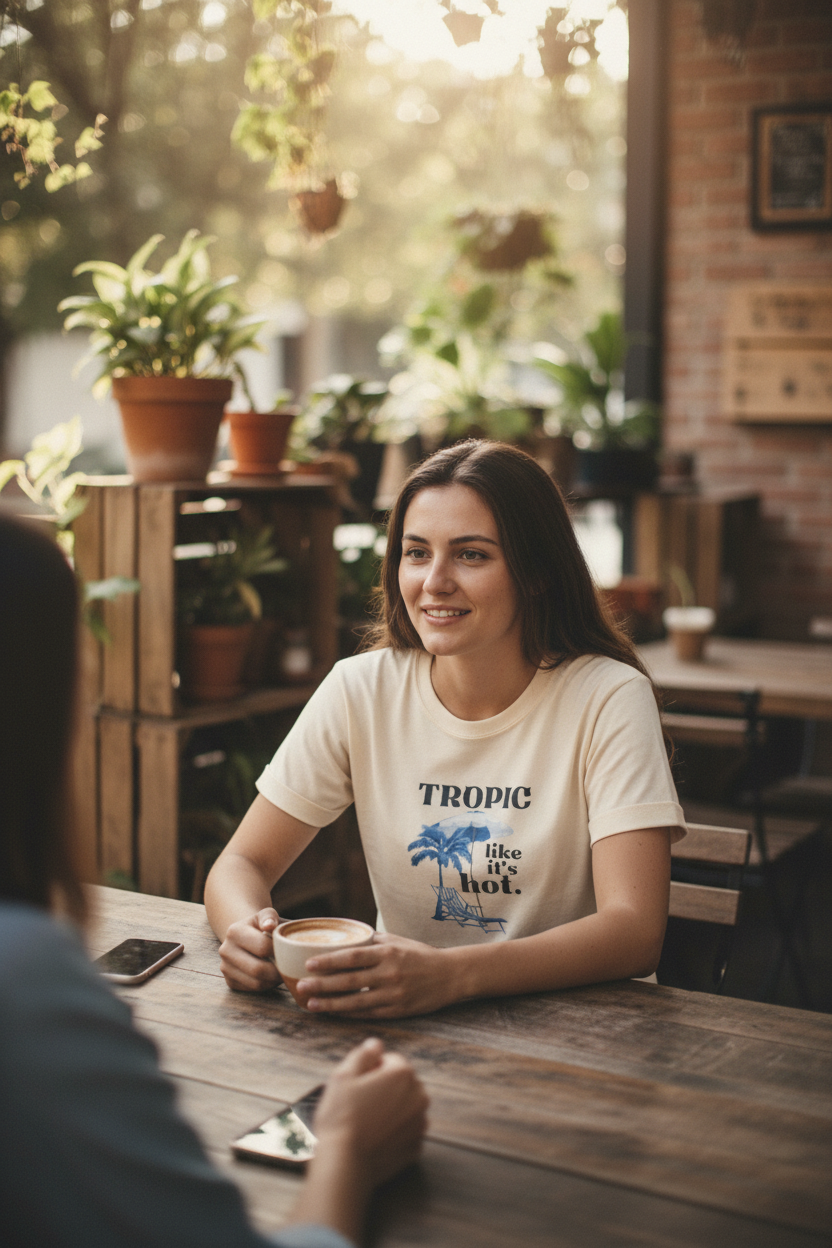 Cream Tropic Like It's Hot T-shirt with blue palm tree and chair graphic on chest