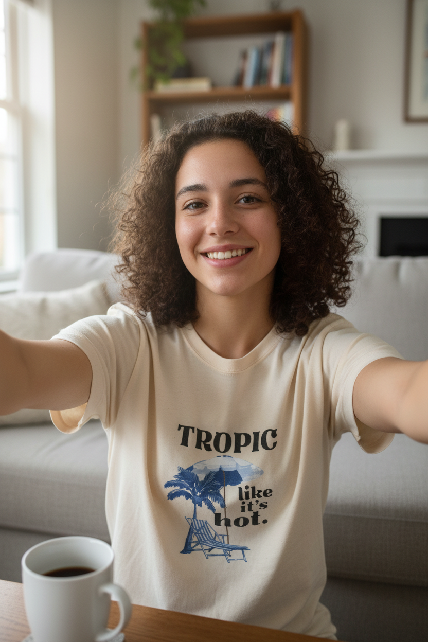 Natural/beige T-shirt with front tropical graphic and "TROPIC like it's hot."