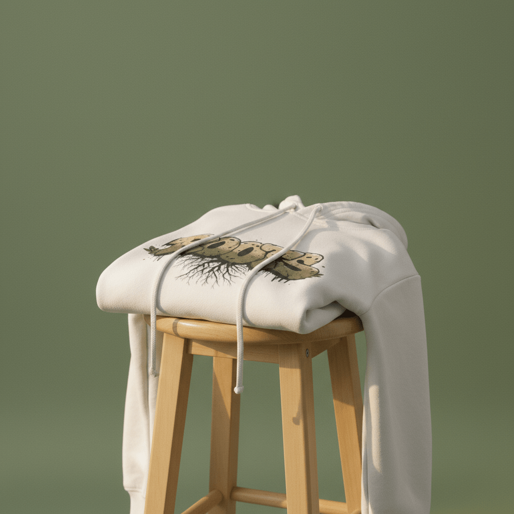 White graphic hoodie draped on stool with hood and Roots text front graphic