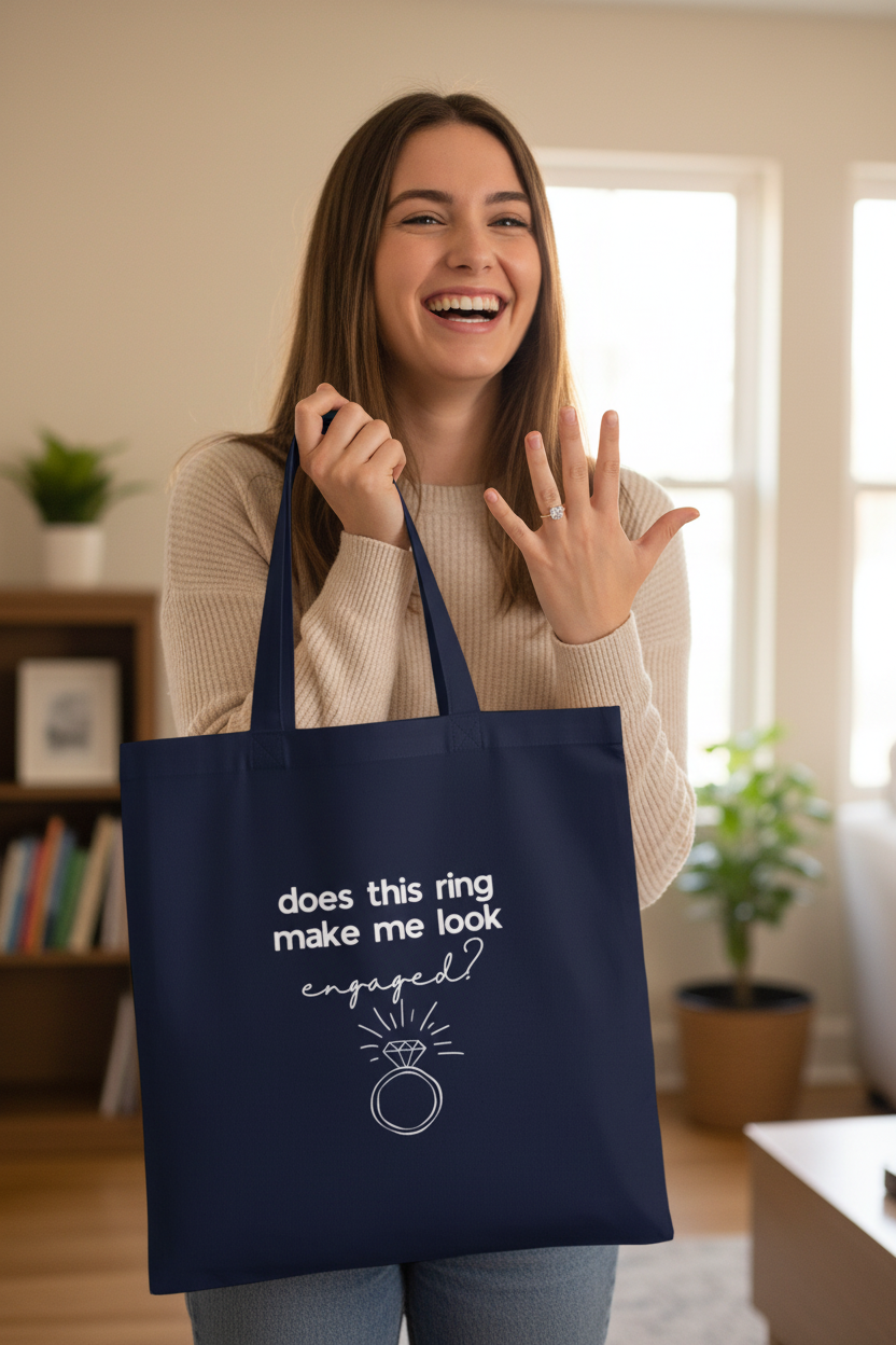 Dark navy cotton tote bag with ring icon and 'does this ring make me look engaged?'.