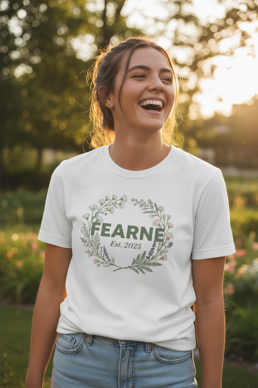 White T-shirt worn outdoors, floral wreath print reading “FEARNE Est. 2025”