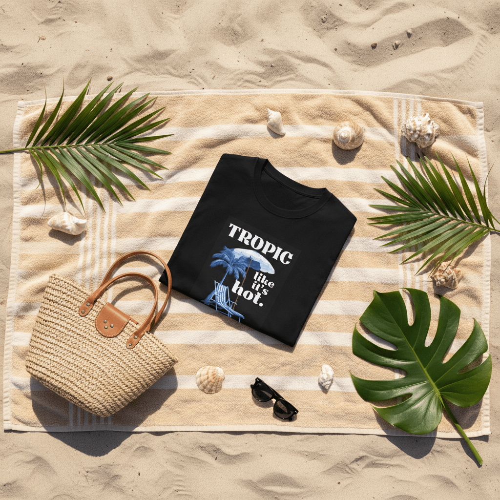 Black crew-neck T-shirt with 'Tropic like it's hot' palm chair graphic