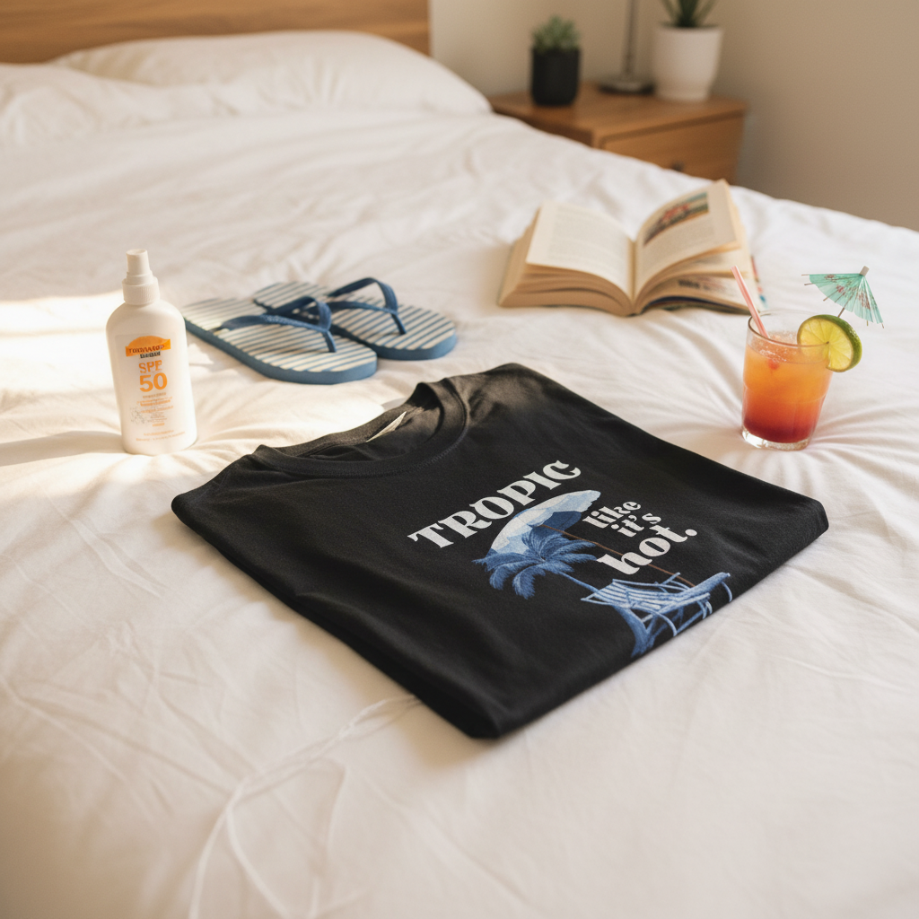 Black T-shirt with “Tropic like it’s hot.” tropical front graphic and beach chair