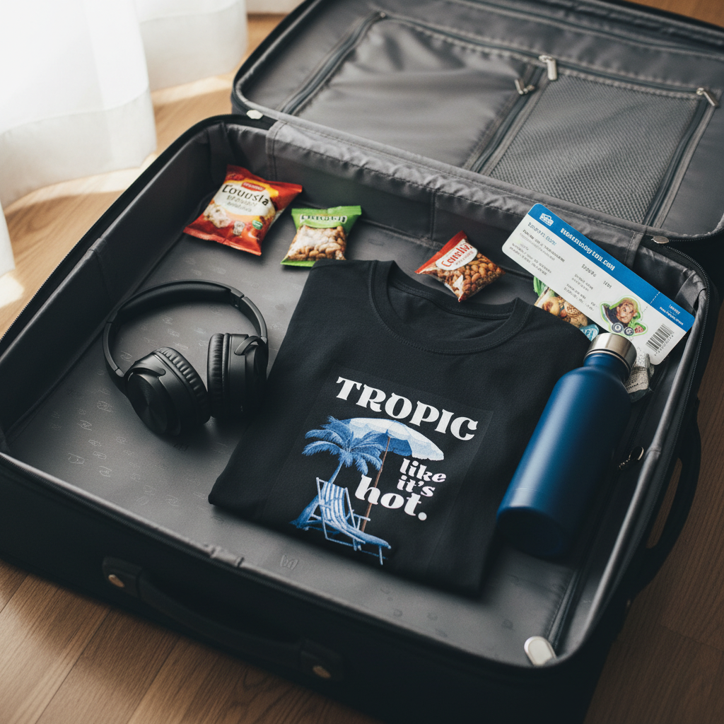 Black crew-neck T-shirt with tropical chair graphic and text print in travel case