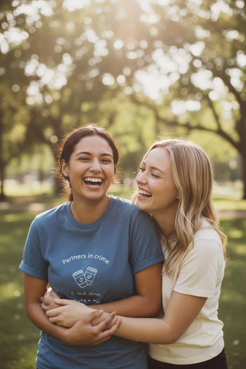 UGC — friends hugging in indigo blue tee