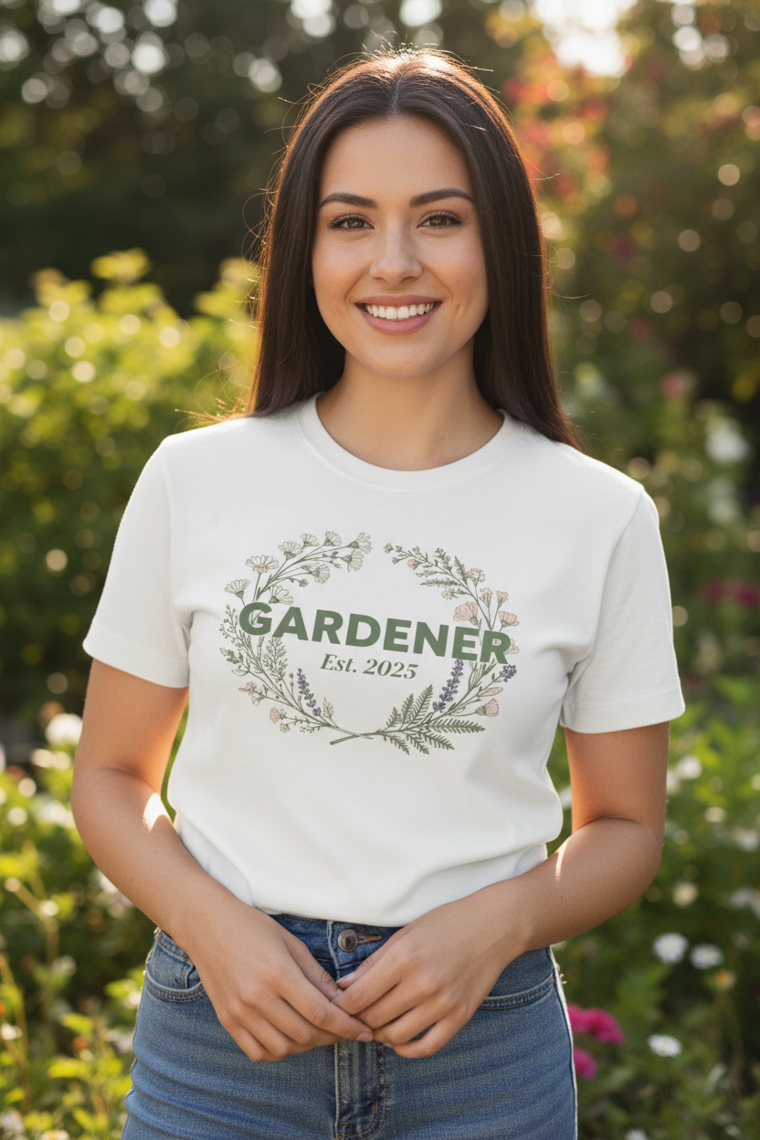 White t-shirt with Gardener floral wreath and Est. 2025 print