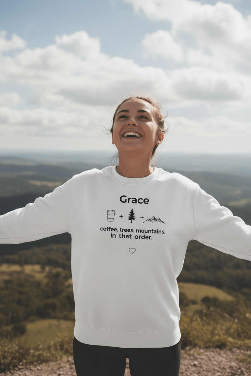 Personalized crewneck sweatshirt, arctic white, 'Grace' front print