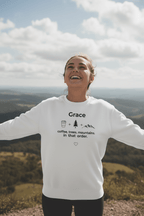 Personalized crewneck sweatshirt, arctic white, 'Grace' front print