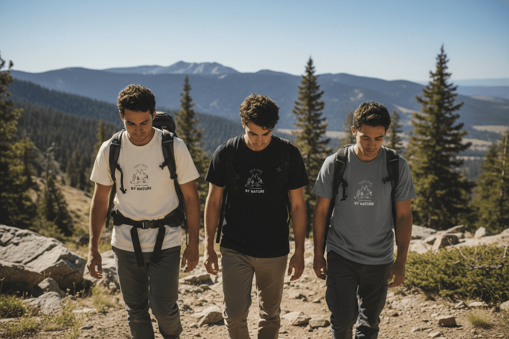 Crewneck nature graphic T-shirts: white, black, and grey
