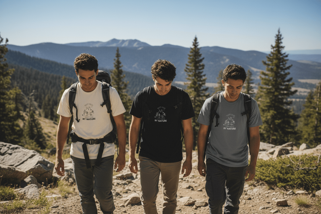 Crewneck nature graphic T-shirts: white, black, and grey