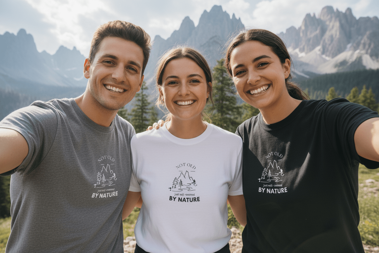 Crewneck nature graphic T-shirts: grey, white, and black