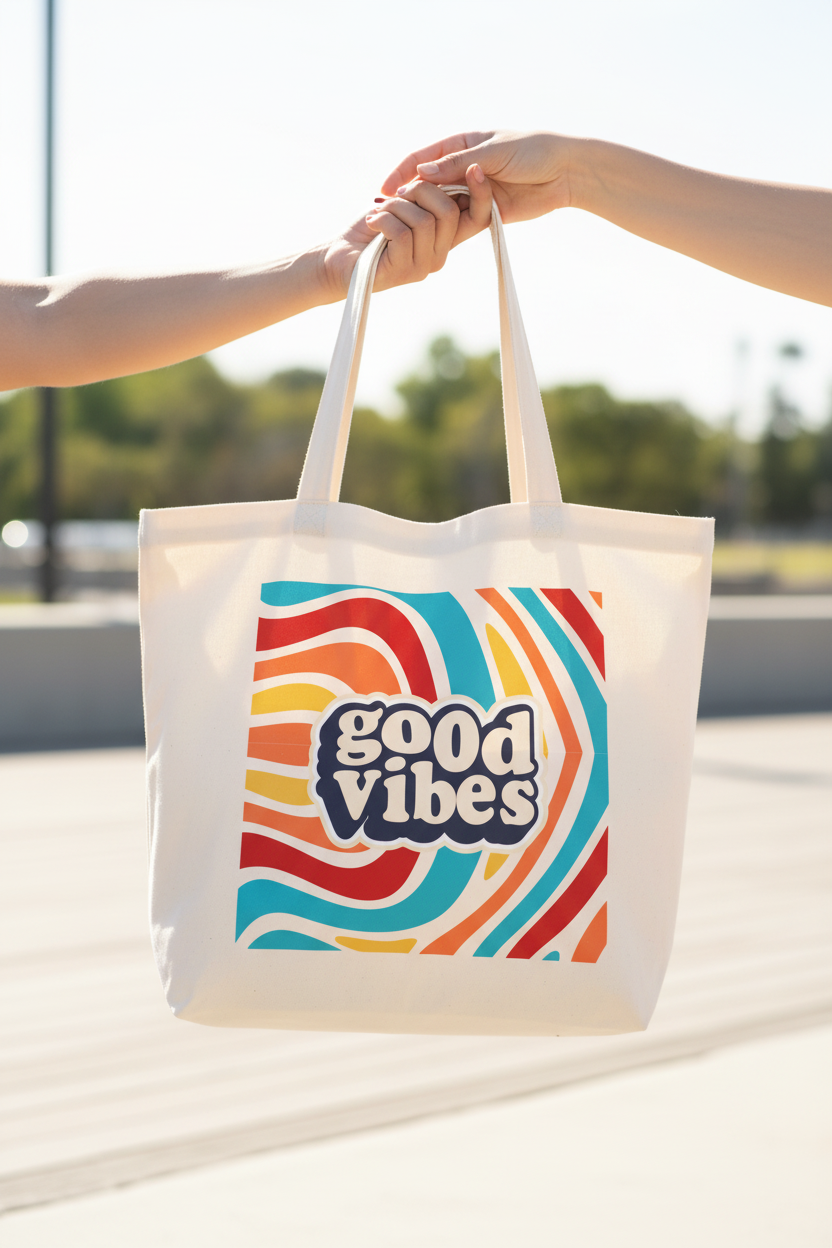 White canvas tote bag with 'good vibes' retro print held in one hand